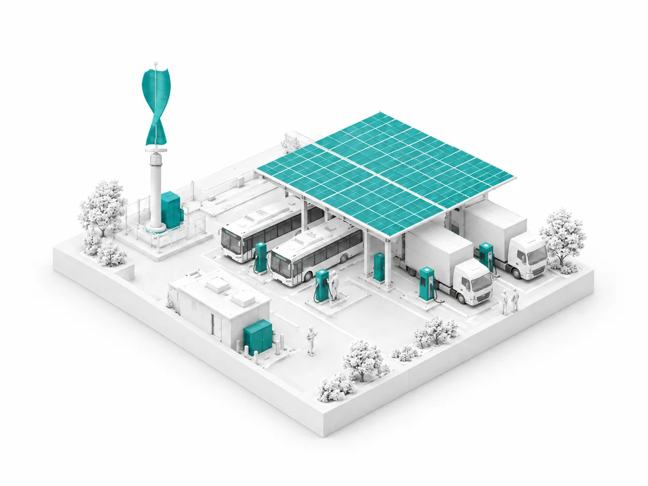 A white model of a wind turbine, a teal solar canopy and an EV charging depot.