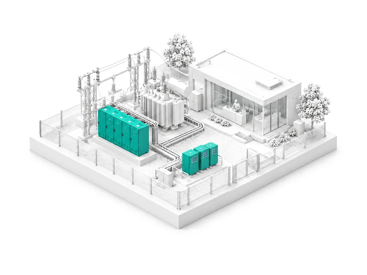 A white model of a substation, its protection panels in teal, beside a small office.