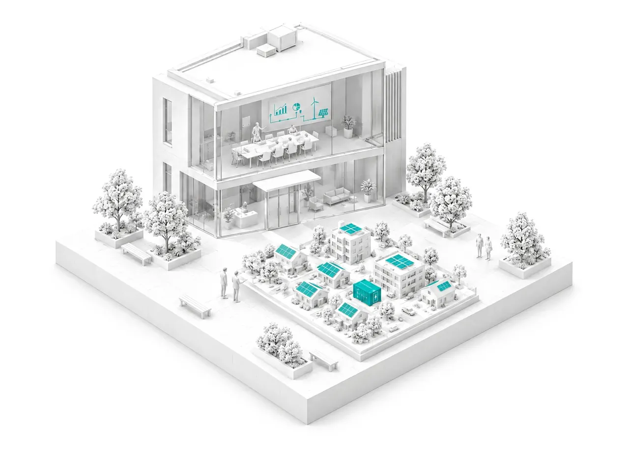 A white model of a two-storey studio with a model town on its table, the town's grid in teal.
