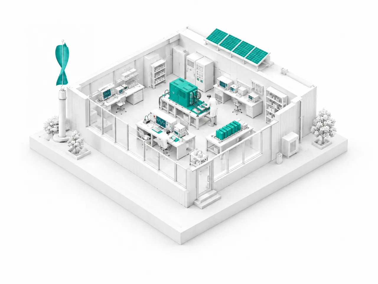 A white model of an open-roof laboratory with a test rig in teal.