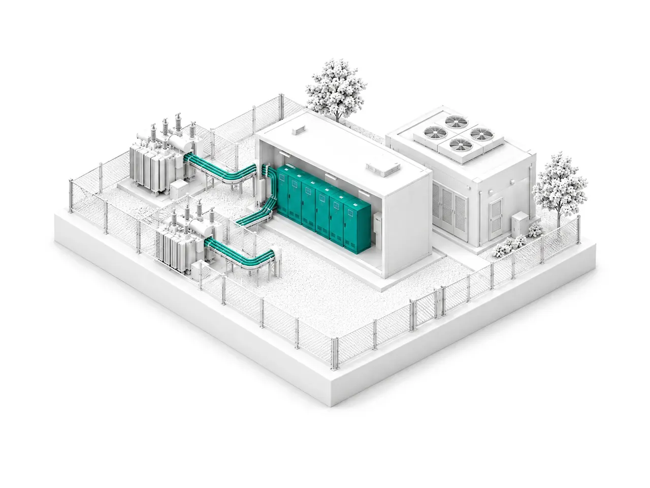 A white model of two transformers feeding, in teal, a row of static transfer switches and a data hall.