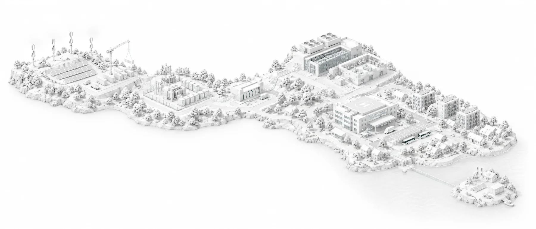 A white model of one coastline with the energy in teal: wind and solar being built as a crane lifts a container into place, a substation, a switching house, a data centre beside a research lab, a hospital, electric buses charging under a solar canopy, homes with rooftop solar, and a small island clinic on its own microgrid, all joined by one cable.