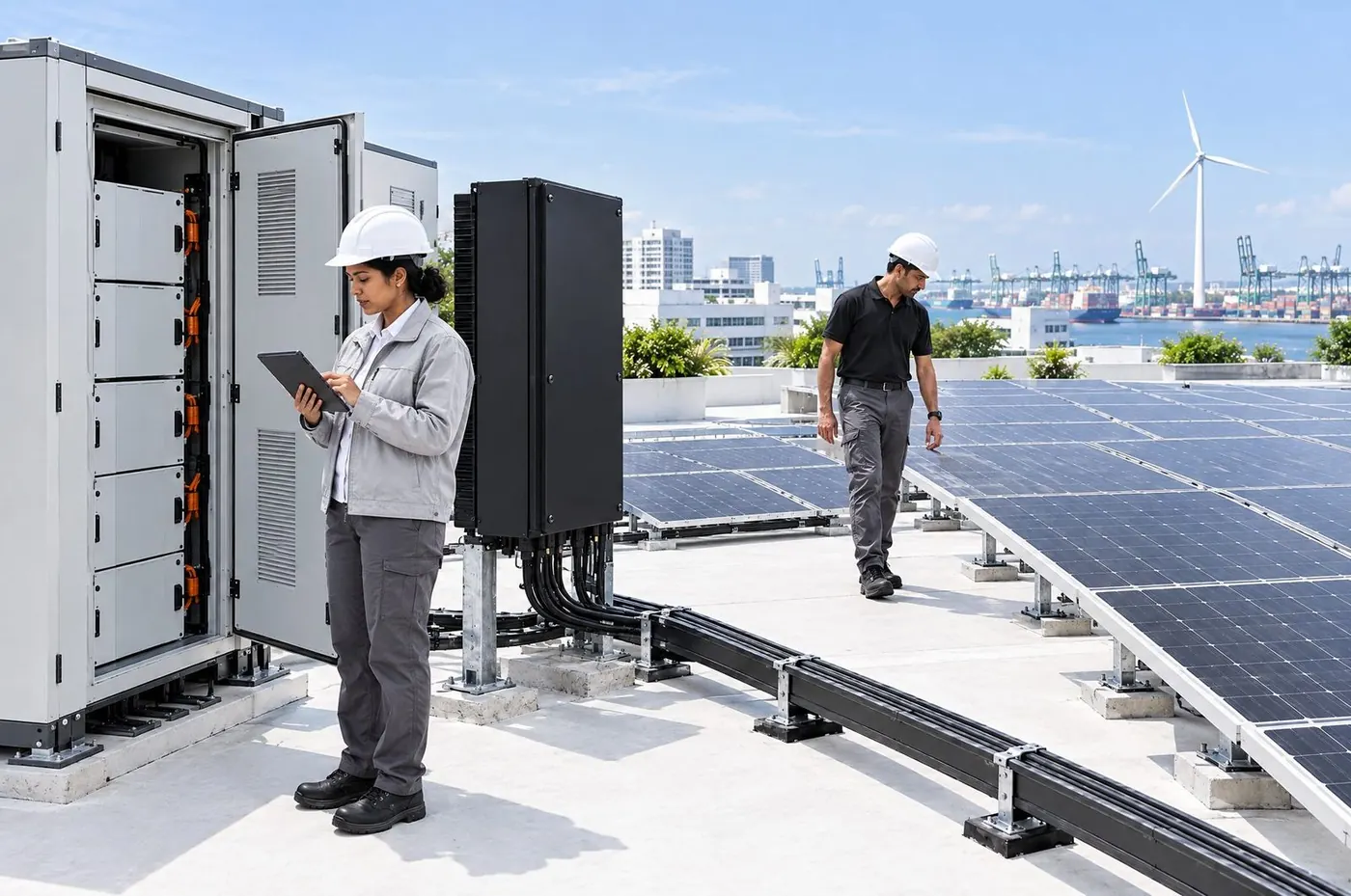 An engineer in a white hard hat checks a battery storage cabinet on a tablet while a colleague walks a rooftop solar array above the port.