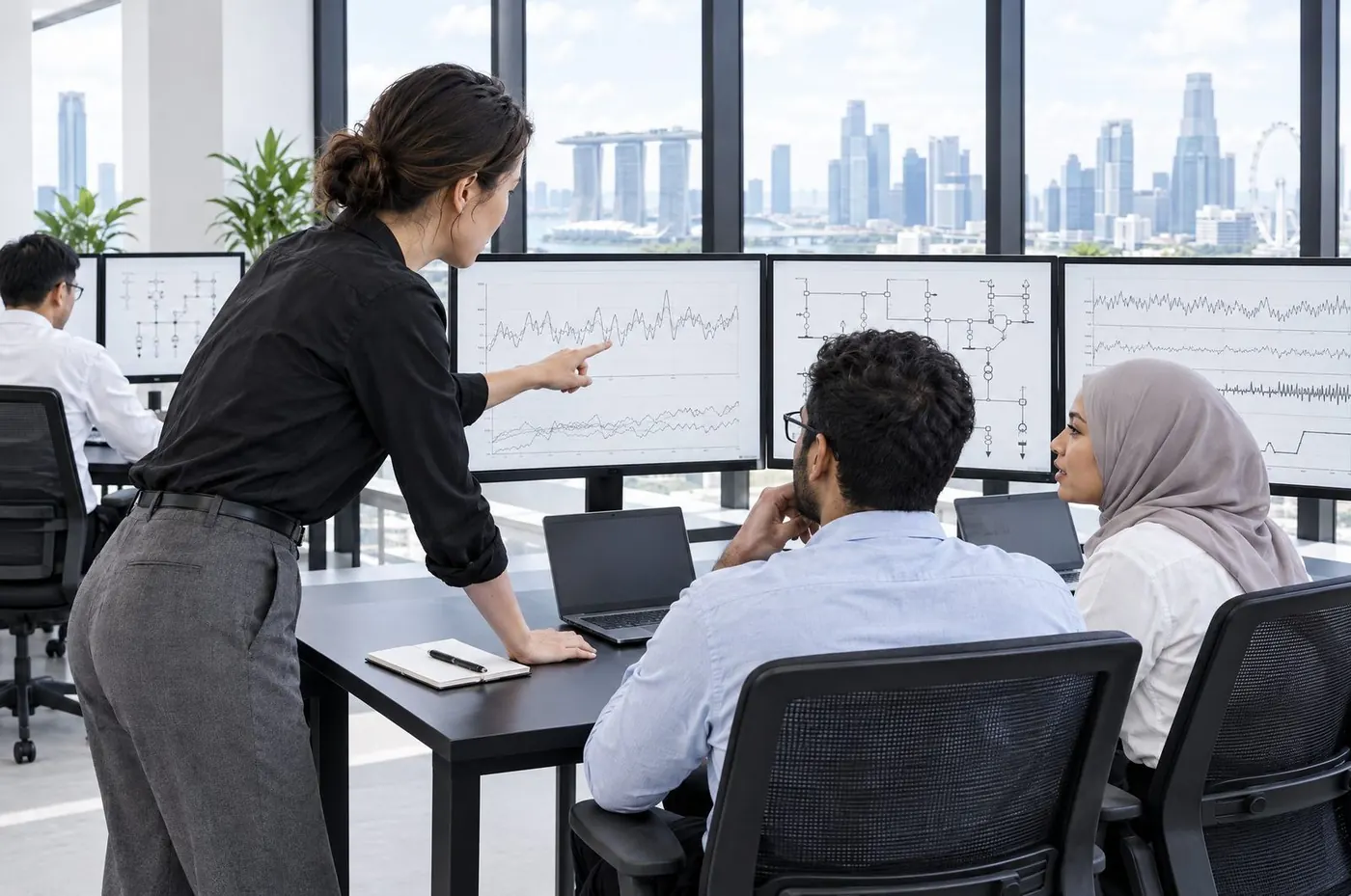 An operations team reviews live waveforms and single-line diagrams on a wall of monitors in a daylit control room.