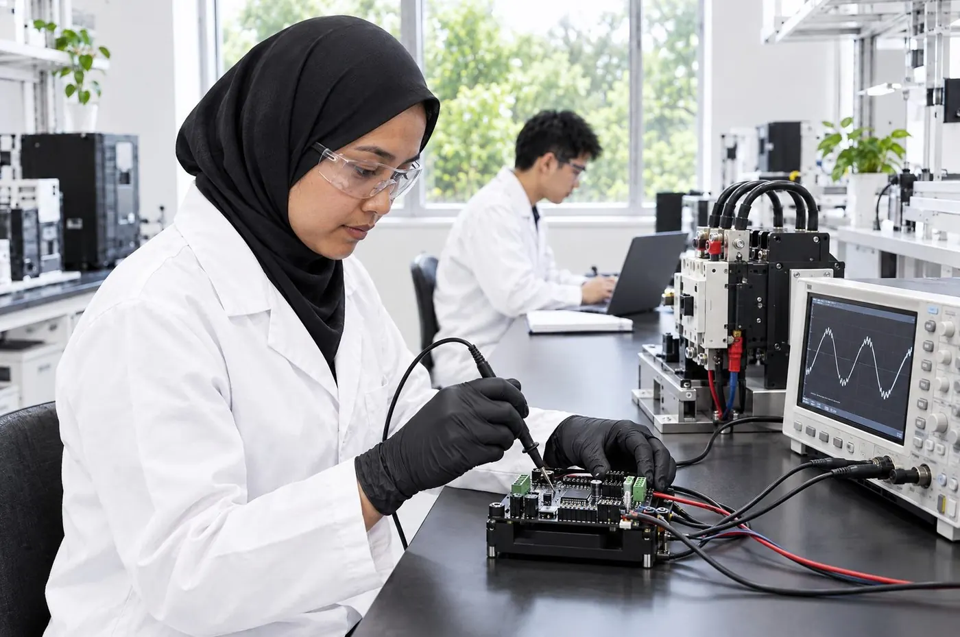 A researcher probes a circuit board beside an oscilloscope in a bright lab while a colleague works at the bench behind her.